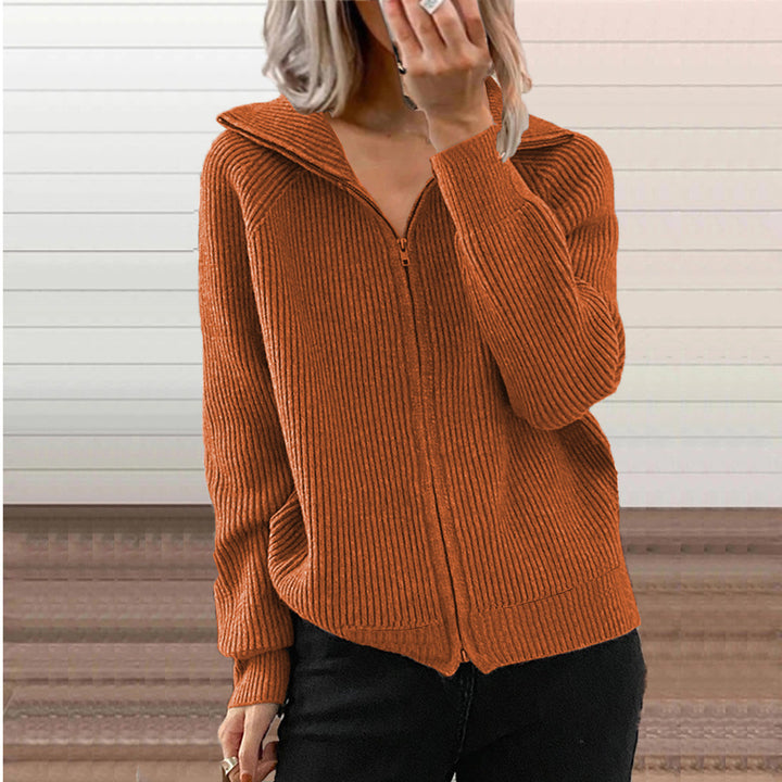 Damen lässige Strickjacke mit hohem Kragen und verdecktem Reißverschluss Drune