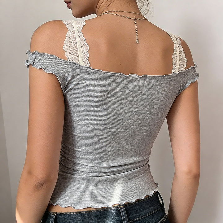 Damen Top mit verspieltem Spitzenkragen und Raffdetails Drune