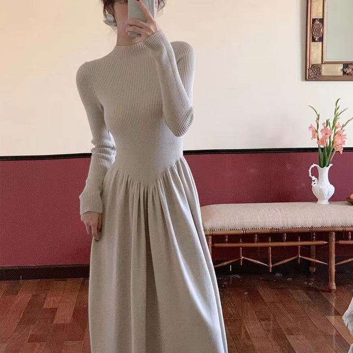 Damen Elegantes Langarm-Maxikleid mit hohem Hals Drune