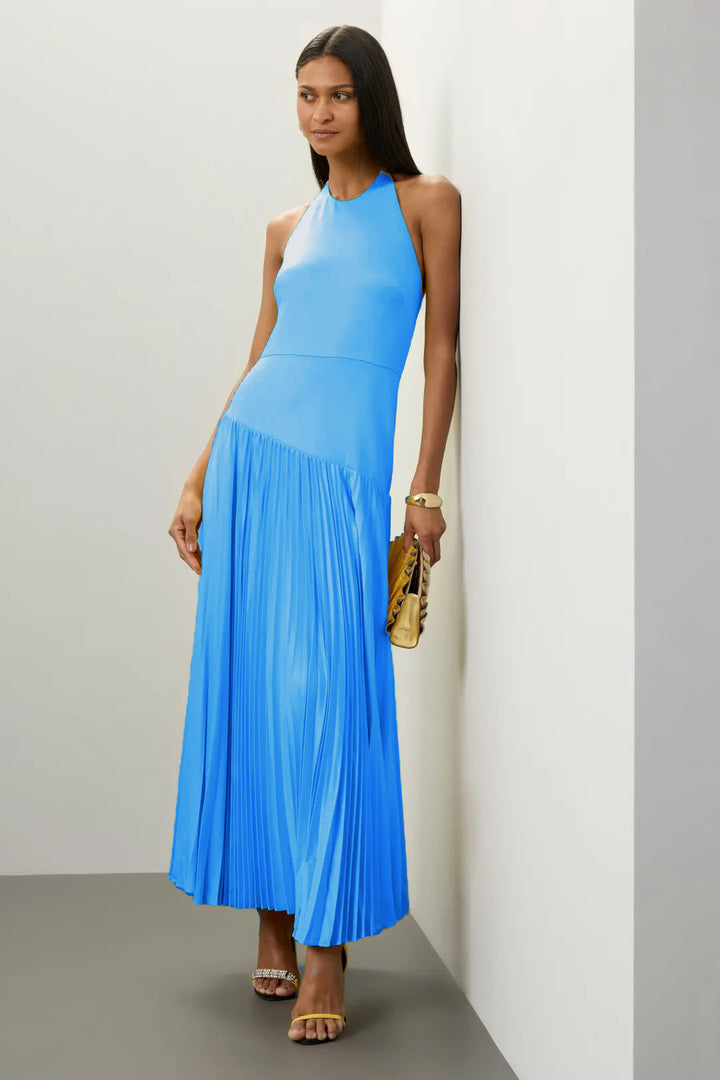 Damen Elegantes Maxi-Kleid mit fließendem Faltenrock und Halterneck-Design Drune