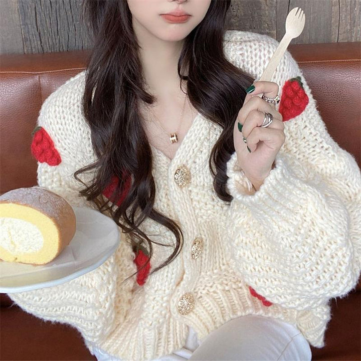 Damen Grober Strickcardigan mit Blumenstickerei und funkelnden Knöpfen Drune
