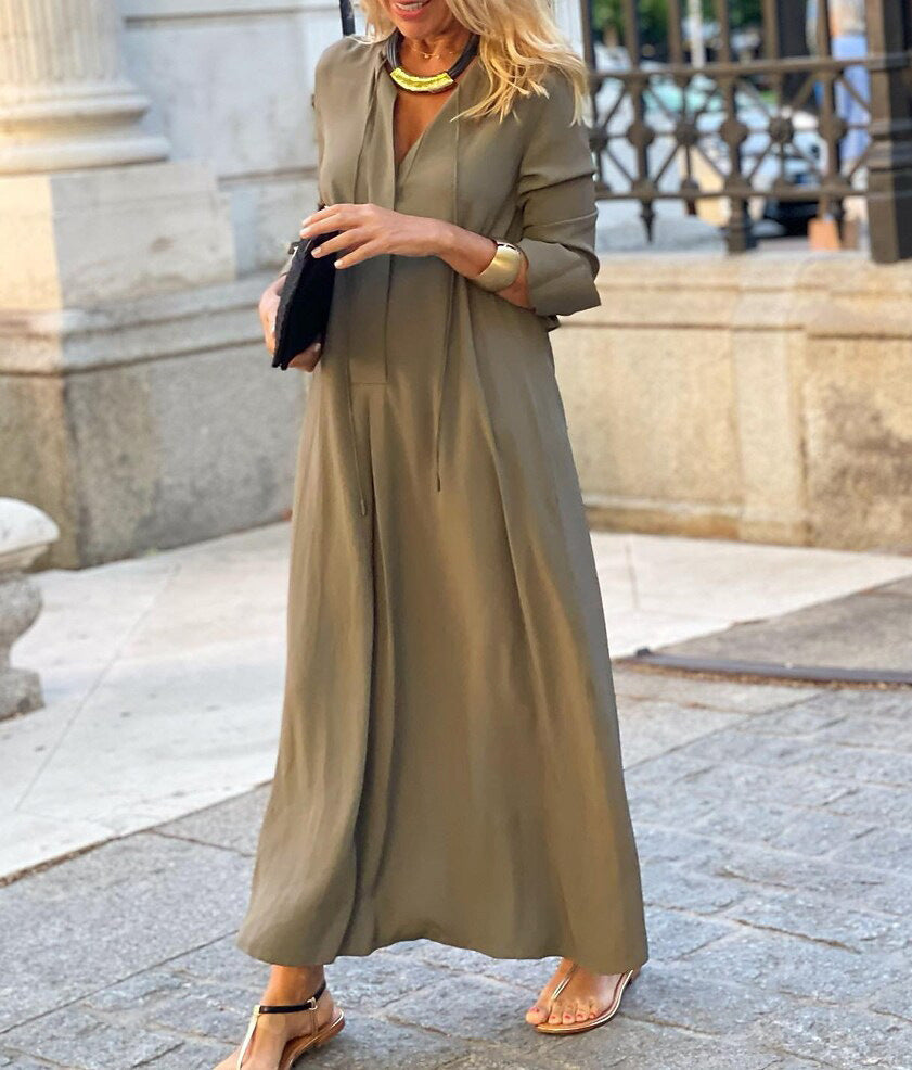 Damen Maxikleid mit verstellbarem Taillenbund und eleganten Ärmeln Drune