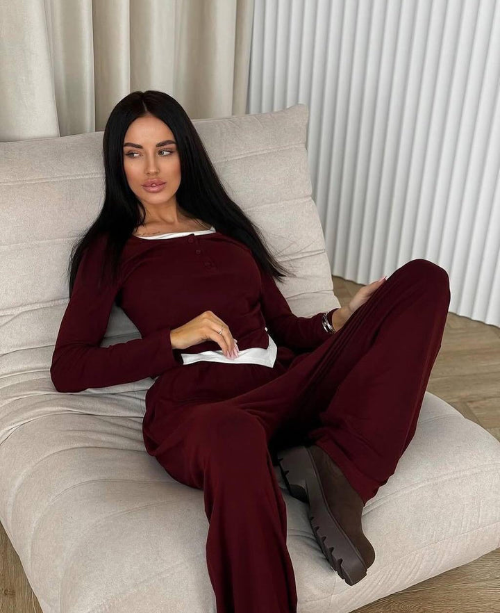 Damen Lässiges Zwei-teiliges Komplett-Outfit mit schickem Kragen und weiten Hosen Drune