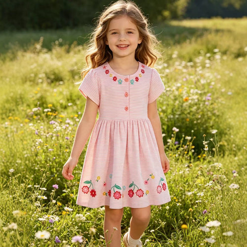Damen niedliches, gestreiftes Sommerkleid mit Blumenstickerei Drune