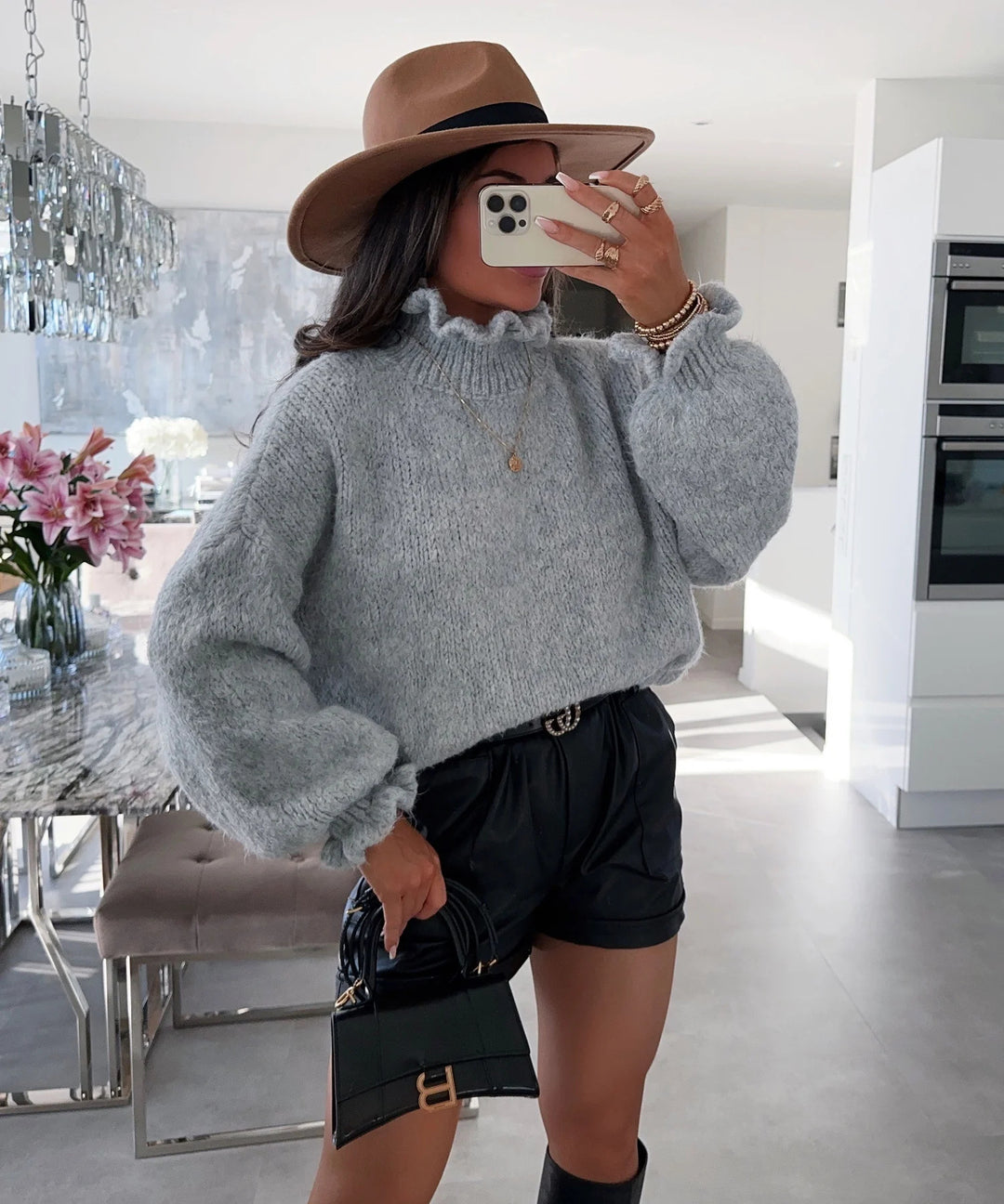 Damen kuscheliger Rollkragenpullover mit voluminösen Ärmeln Drune