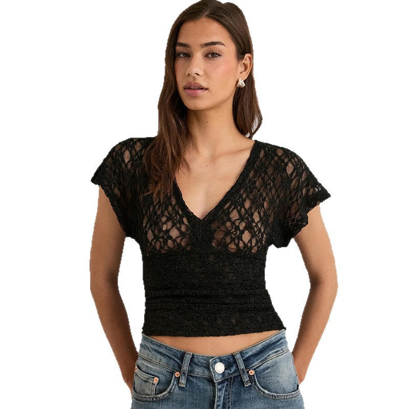 Damen Elegantes Spitzenoberteil mit V-Ausschnitt und weitem Schnitt Drune