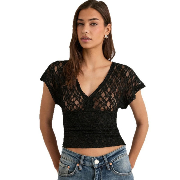 Damen Elegantes Spitzenoberteil mit V-Ausschnitt und weitem Schnitt Drune