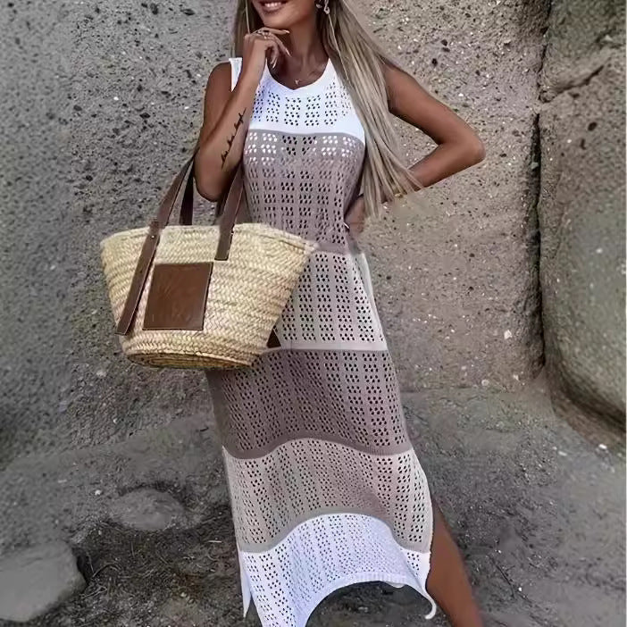 Damen Lässiges Strickkleid mit raffiniertem Lochmuster und seitlichen Schlitzen Drune