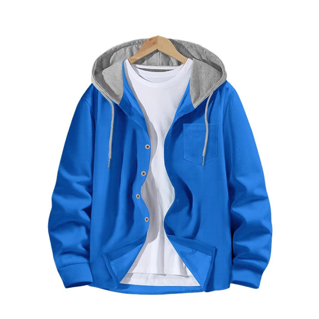 Herren nan leichtes Utility-Hoodie-Überhemd mit Kontrastkapuze, Knopfleiste und Brusttasche Drune