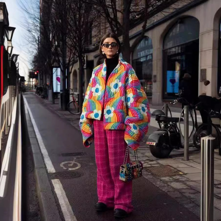 Damen gesteppten OverGrößed-Jacke mit buntem Blüten-Design und großzügigen Taschen Drune