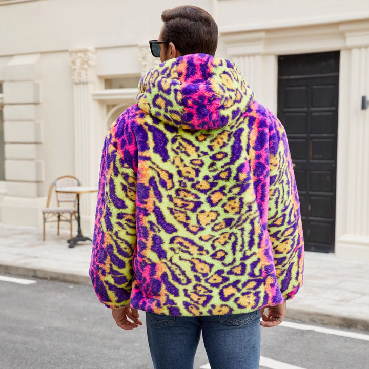 Herren Plüschjacke mit auffälligem Tierprint und Kapuze Drune