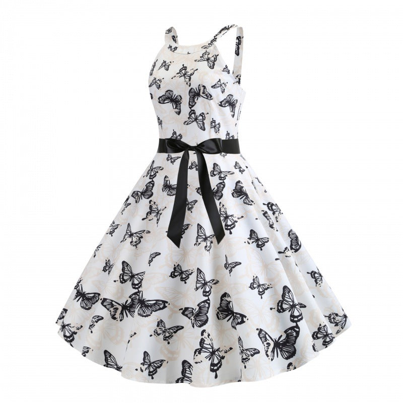 Damen Midikleid mit Schmetterlingsdruck und Taillengürtel Drune