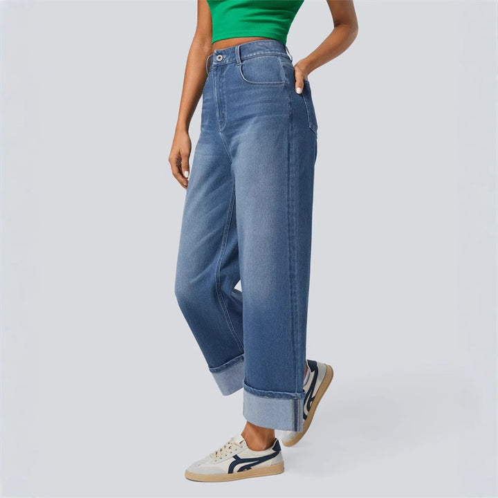 Damen Weit geschnittene Jeans mit hohem Bund und umgeschlagenem Saum Drune
