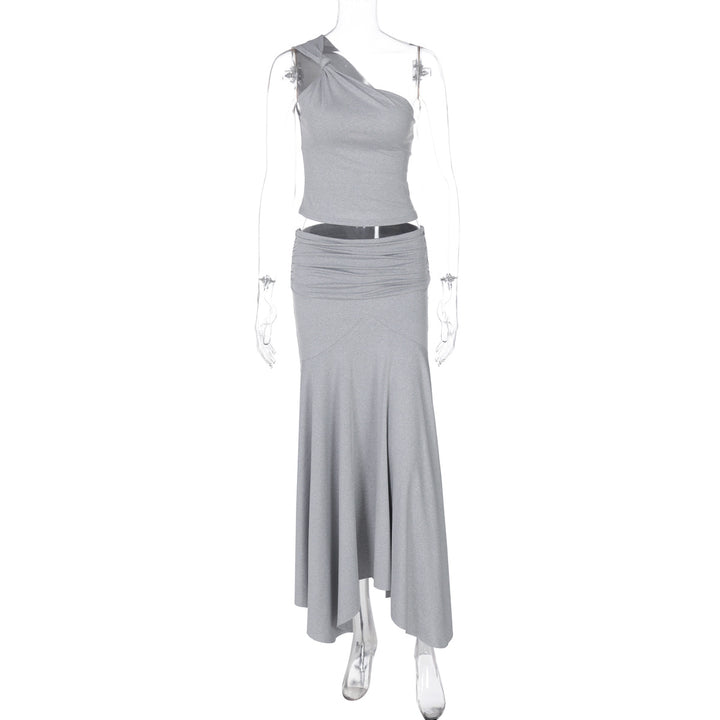 Damen Elegantes One-Shoulder Kleid mit fließendem Saum und Raffung Drune