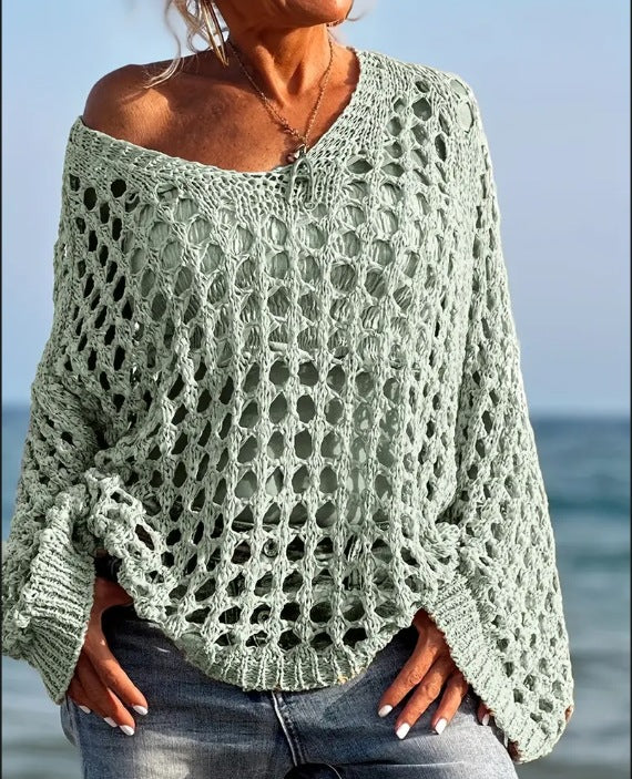 Damen Off-Shoulder Strickpullover mit luftiger Lochmaschenstruktur Drune