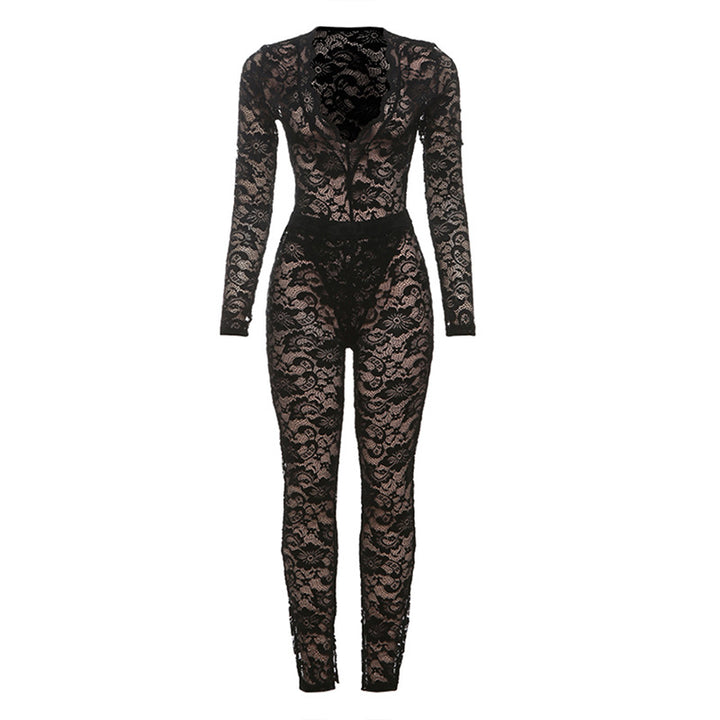 Damen Eleganter Spitzen-Jumpsuit mit tiefem Ausschnitt und figurbetontem Schnitt Drune