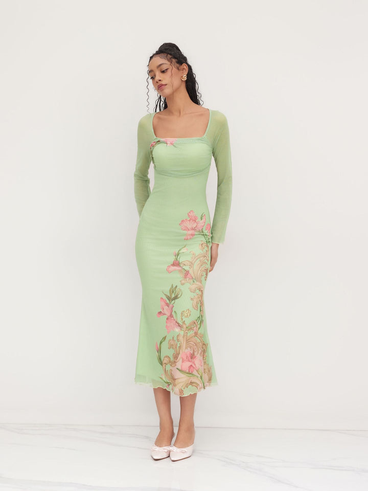 Damen elegantes Midikleid mit floralem Design und transparenten Longsleeves Drune