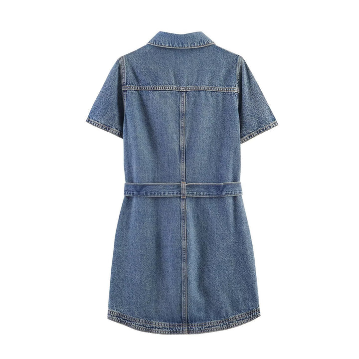 Damen Jeanskleid mit Taillengürtel und Kurzarm Drune