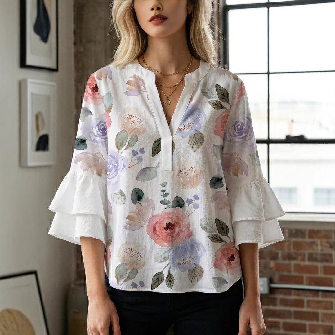 Damen Elegantes Oberteil mit voluminösen Rüchenärmeln und floralem Druck Drune