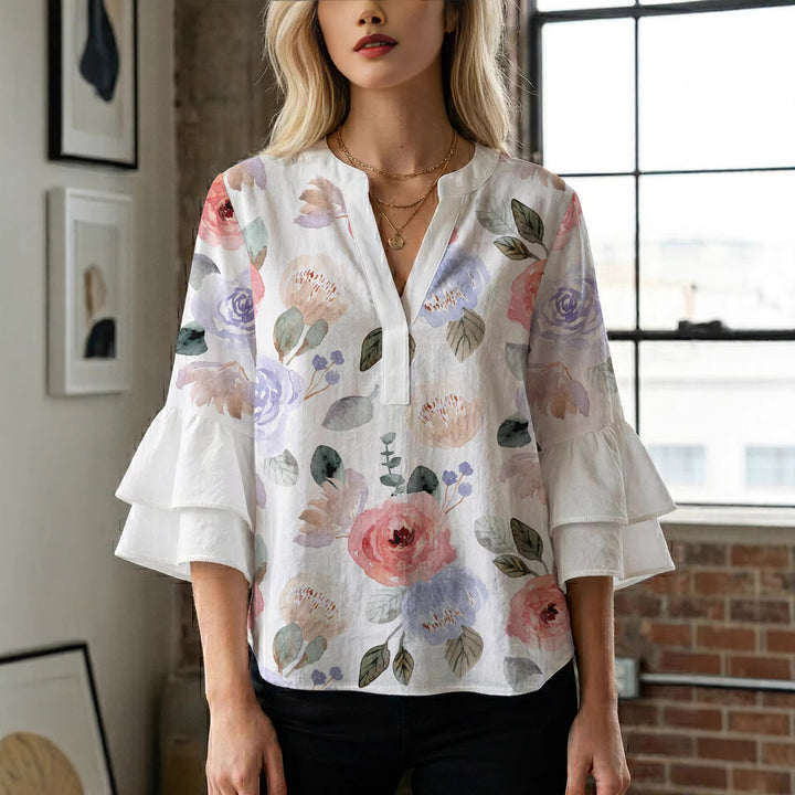 Damen Elegantes Oberteil mit voluminösen Rüchenärmeln und floralem Druck Drune