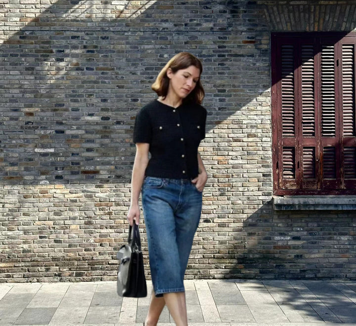 Damen Kurzarm-Button-Up Oberteil mit einzigartiger Struktur Drune