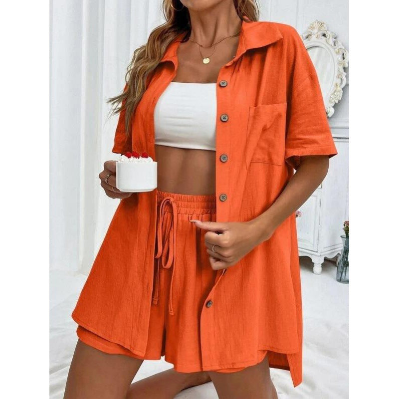 Damen luftiges Zweiteiliges Set mit Hemdbluse und Shorts Drune