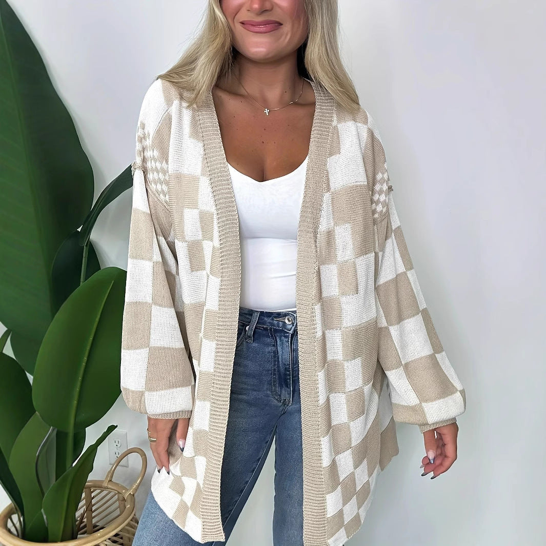 Damen Oversize Strickjacke mit Karomuster Drune