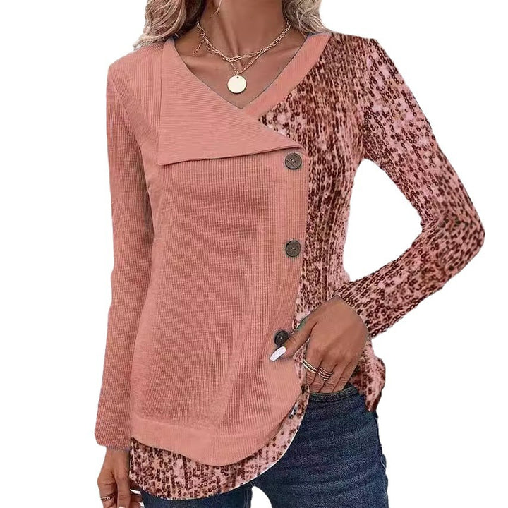 Damen Modisches Langarmshirt mit asymmetrischem Kragen und dekorativen Knopfdetails Drune