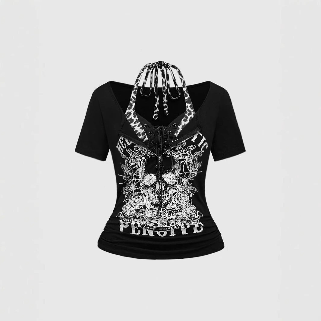 Damen Trendy Crop-Top mit einzigartigem Grafikdruck und Schnürdetails Drune