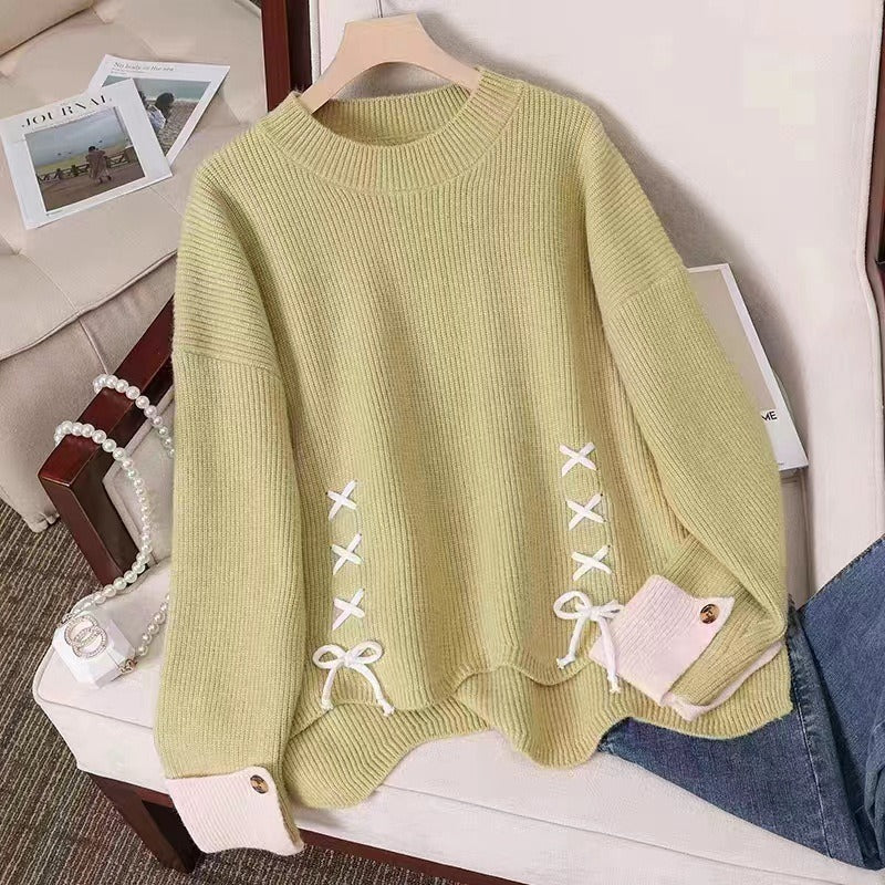 Damen lässiger Strickpullover mit dekorativen Schleifen und Knopfdetails Drune