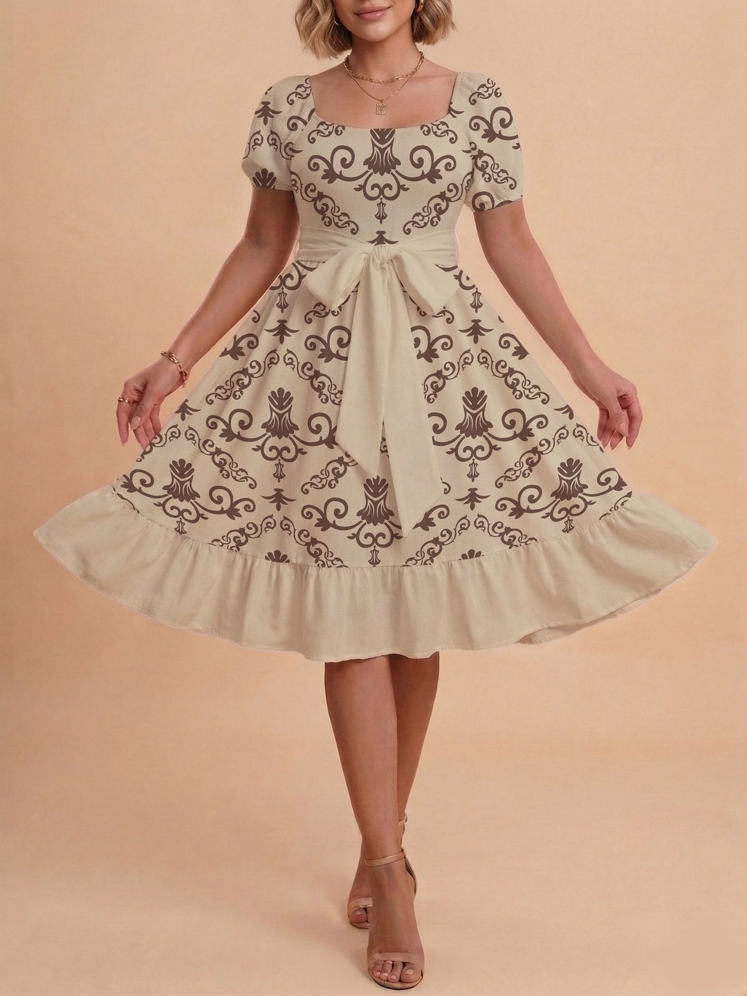 Damen Midikleid mit verspieltem Druck und tailliertem Schnitt Drune