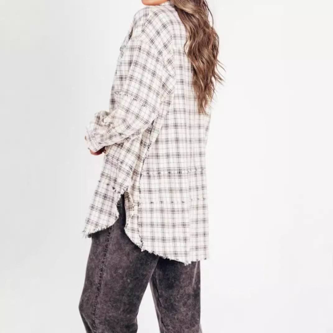 Damen nan oversized Karo-Überhemd mit Fransenbesatz, Brusttaschen und lockerer Passform Drune