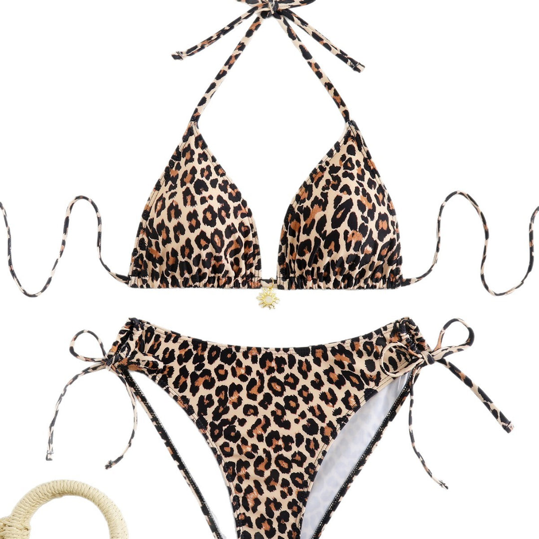 Damen Triangel-Bikini mit verspielten Bindebändern und modischem Leopardenmuster Drune