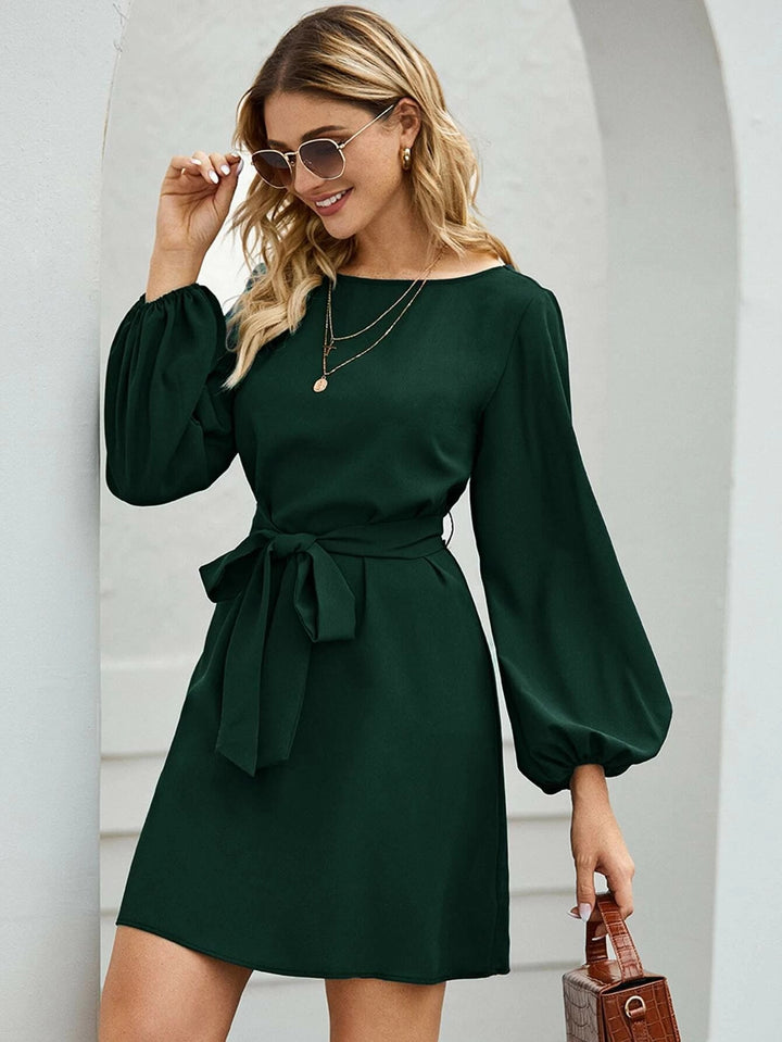 Damen Elegantes Kleid mit Ballonärmeln und Taillengürtel Drune