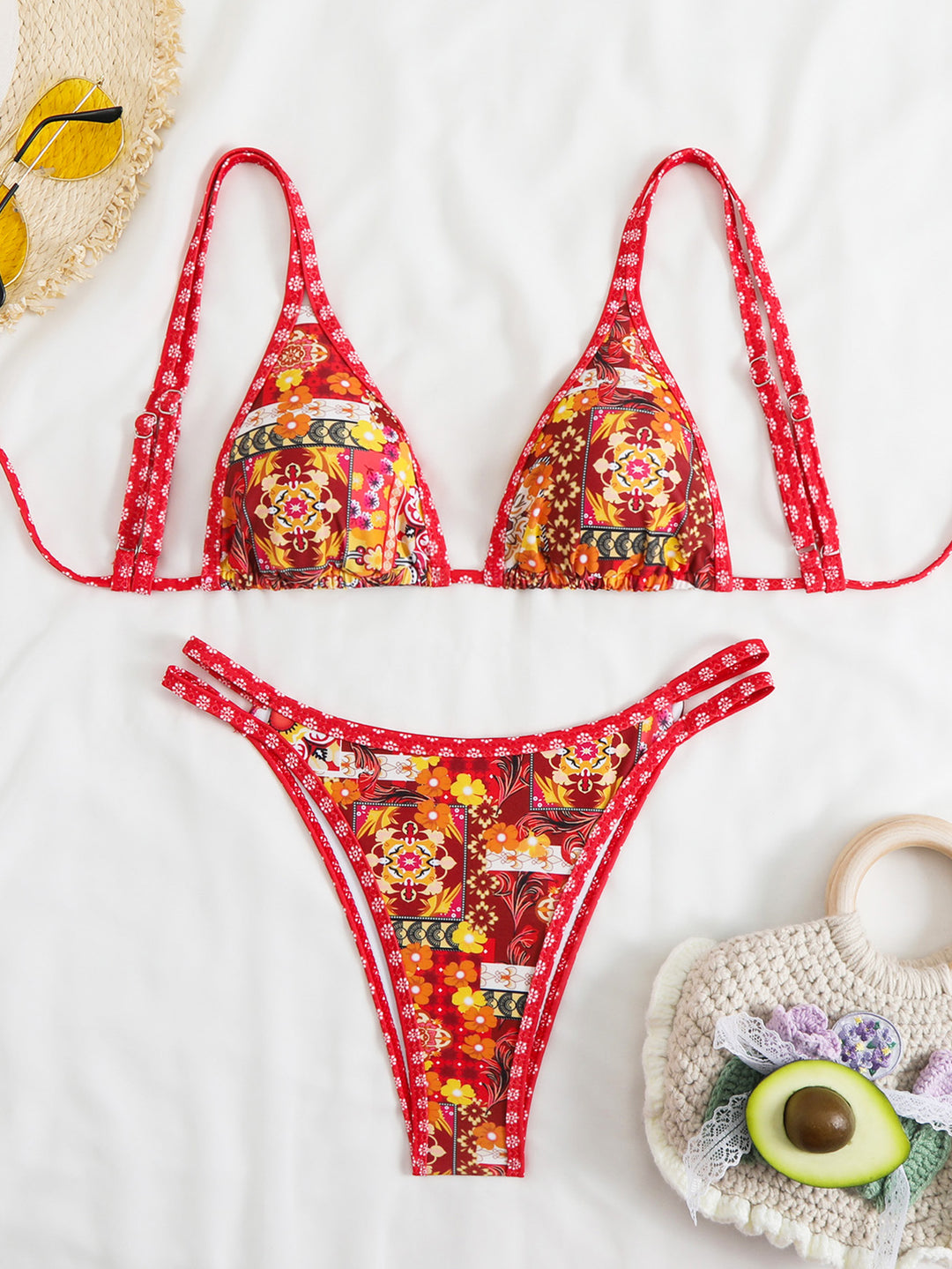 Damen Triangel-Bikini-Set mit verstellbaren Trägern und floralem Muster Drune