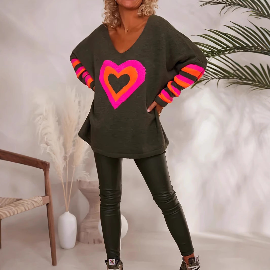Damen Oversized Pullover mit Herzmotiv und bunten Streifen Drune