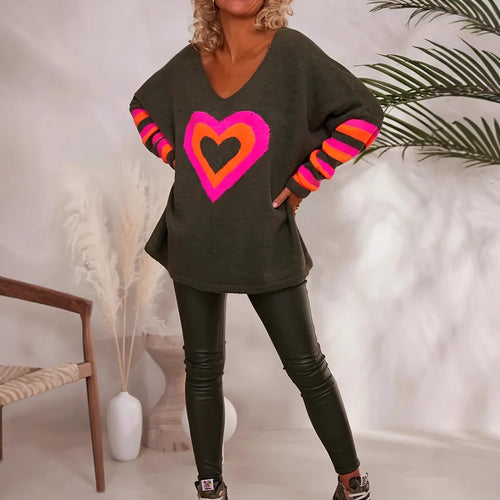 Damen Oversized Pullover mit Herzmotiv und bunten Streifen Drune