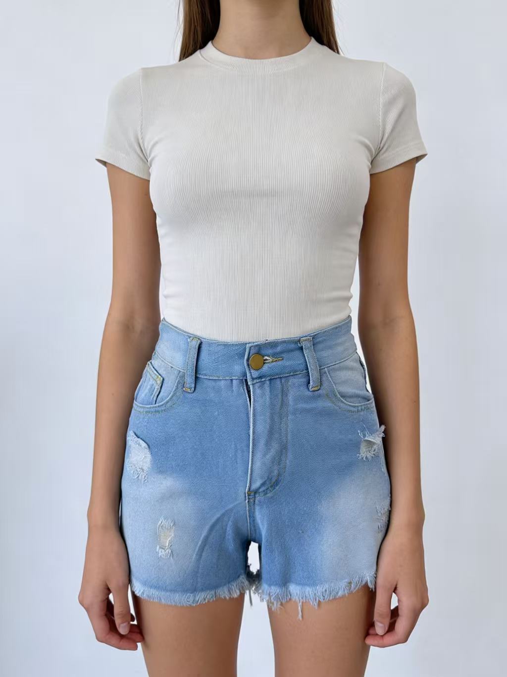 Damen Crop Top und High-Waist Jeans-Shorts Drune