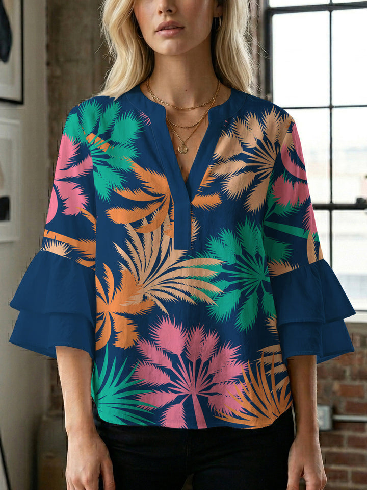 Damen Bluse mit voluminösen Rüschenärmeln und modernem Motiv Drune
