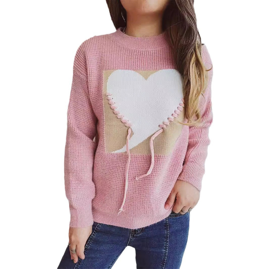 Damen modischer Pullover mit Herzapplikation und rückseitigem Kordelzug Drune