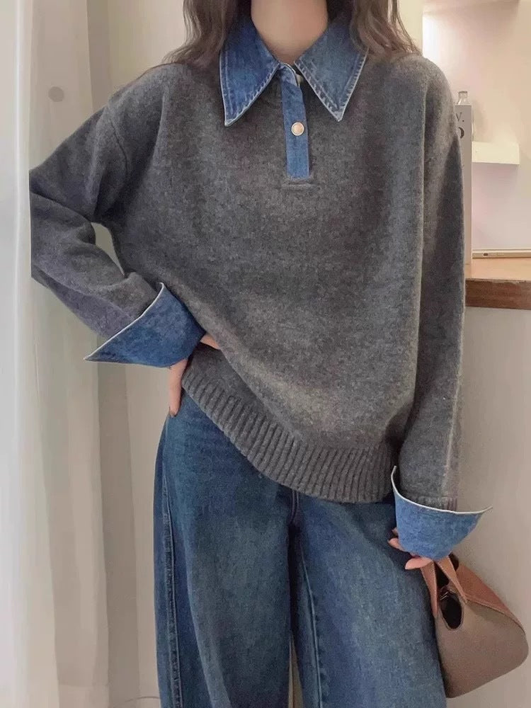 Damen Pullover mit modischem Hemdkragen und weichem Material Drune