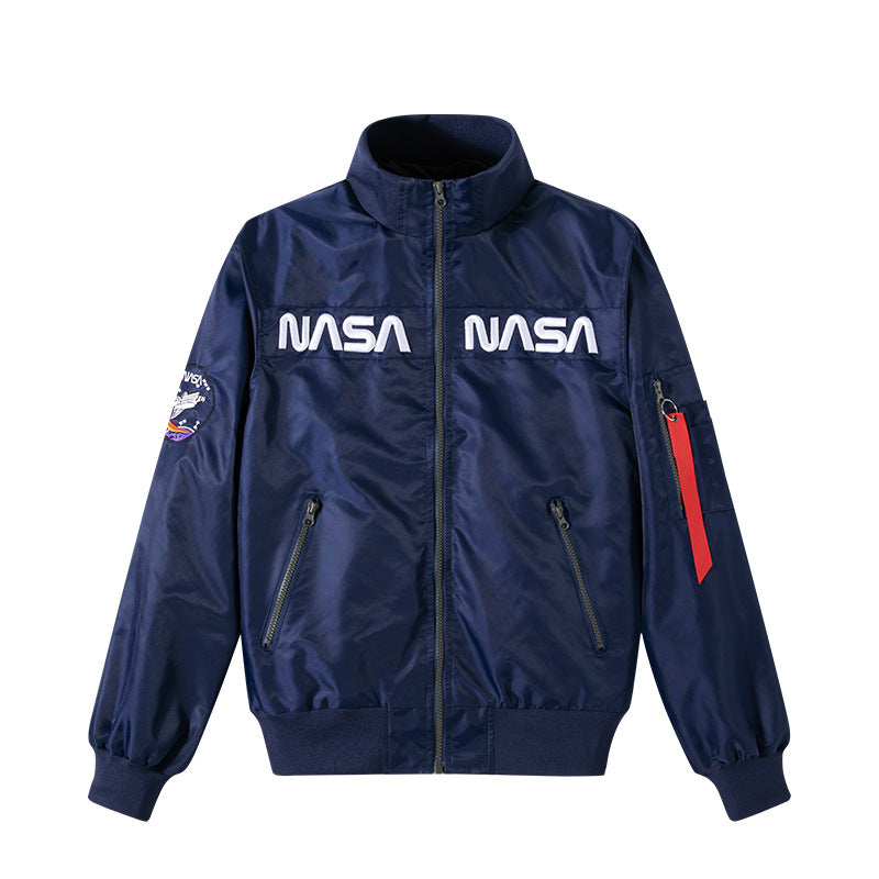 Herren o-Glanz-Technik-Bomber mit gestickten NASA-Brustpaneelen und Ärmeltasche Drune