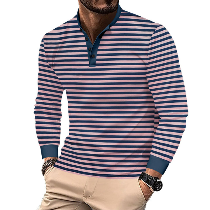 Herren nan gestreiftes Henley-Langarmshirt mit Stehkragen und feiner Baumwollmischung Drune