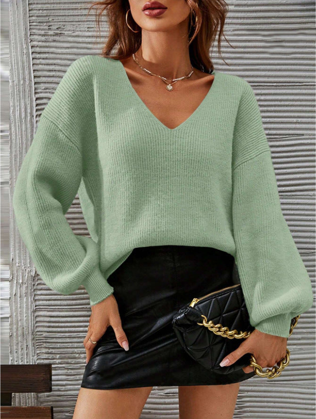 Damen Viskose-Pullover mit tiefem V-Ausschnitt und lässigen Ballonärmeln Drune
