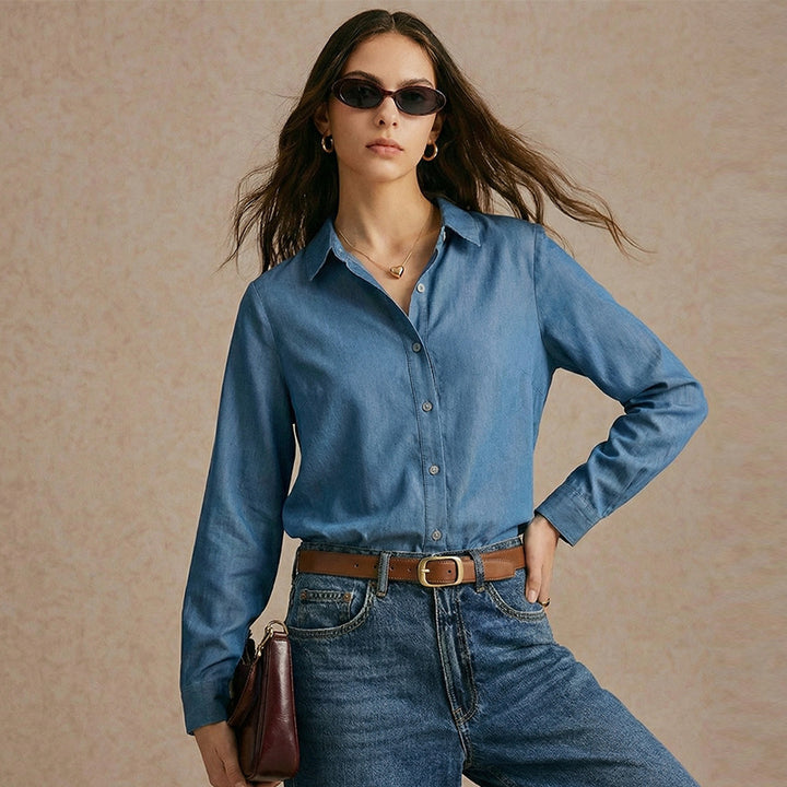 Damen klassische Denim-Bluse mit Knopfleiste und modischem Schnitt Drune