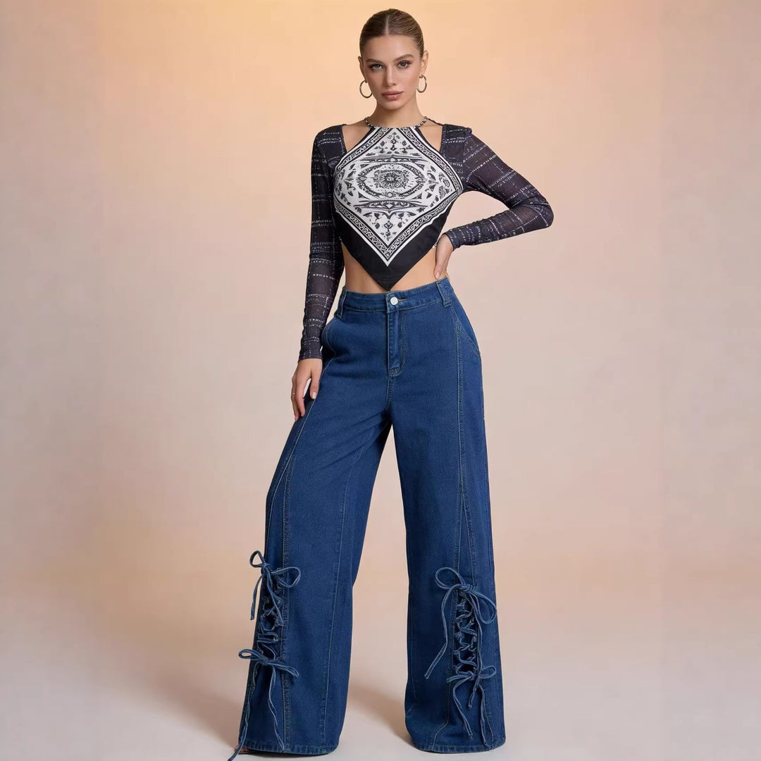 Damen Schlagjeans mit trendigem Schnürdetail und weitem Bein Drune