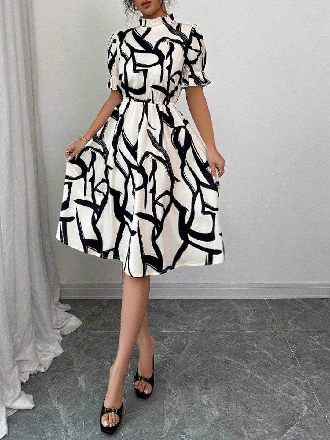 Damen Elegantes Midi-Kleid mit modischem Pflanzenmuster und Gummizug in der Taille Drune