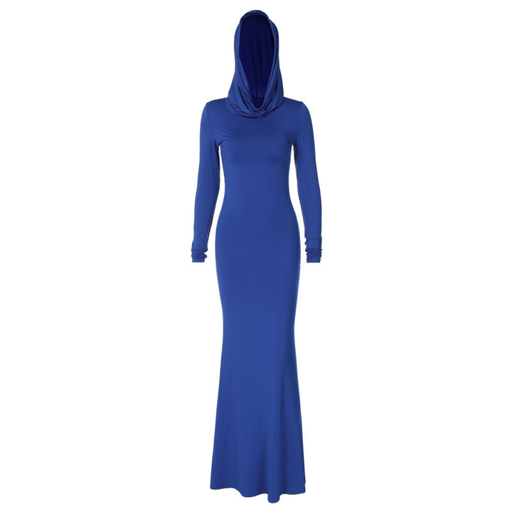 Damen Langarm-Maxis Kleid mit Kapuze aus hochwertigem Stretchmaterial Drune