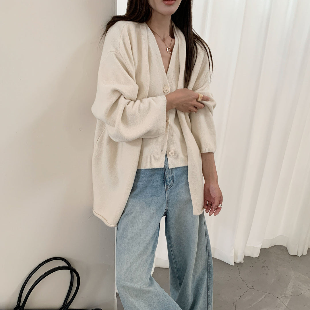 Damen lässiger Strickcardigan mit Knopfverschluss und voluminösen Ärmeln Drune