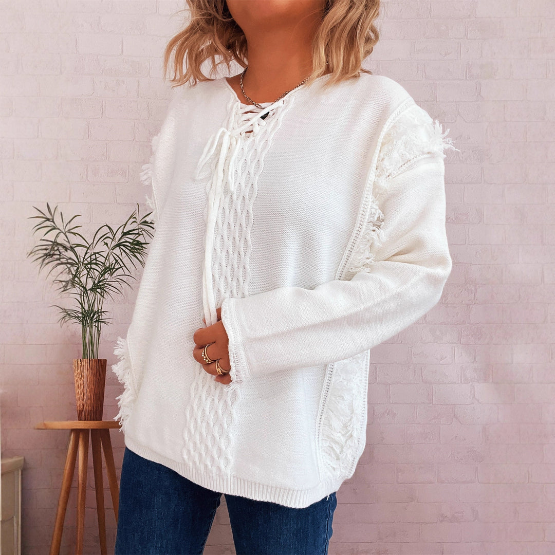 Damen Grobstrickpullover mit lässigen Fransen und dekorativem Zopfdesign Drune